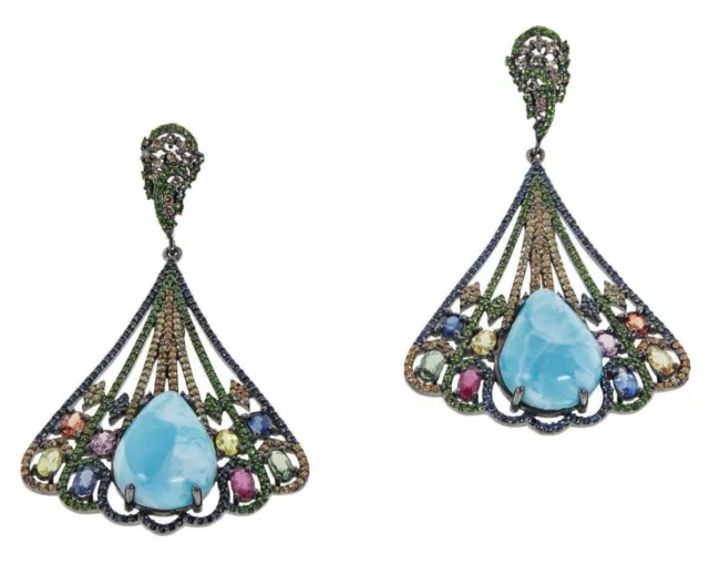 Boucles d'oreilles rhodium noir Meher's bijoux Larimar & multi pierres précieuses ventilateur goutte angle