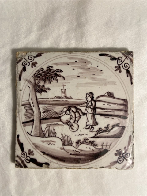 Antique 18th Century Dutch Delft Pottery Tile Farming Scene