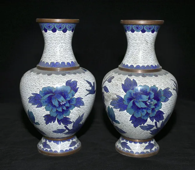 10.4 " Old Chinese Cloisonne enamel Bronze Dynasty Peony Flower Vase Pair