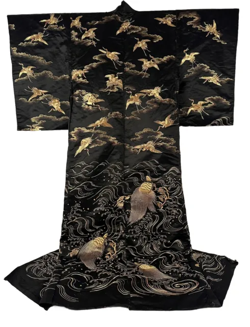 Japanese kimono Formal Gold And Black Satin Silk Theatre ShogunCosplay