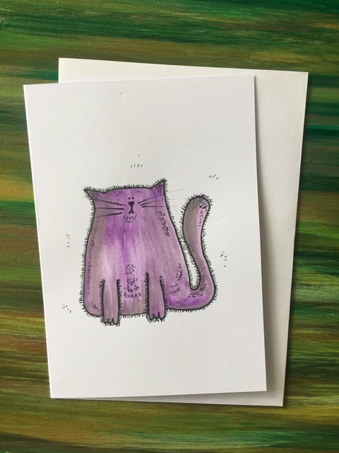 Original handbemalte Grußkarte Fliedersilber Katze, Crazy Cat Lady, Cat Dad