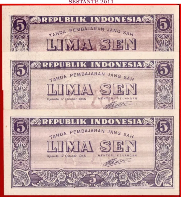 $ INDONESIA 5 SEN 17.10. 1945 Lot of 3 notes  P 14 UNC;  free shipping from 100$