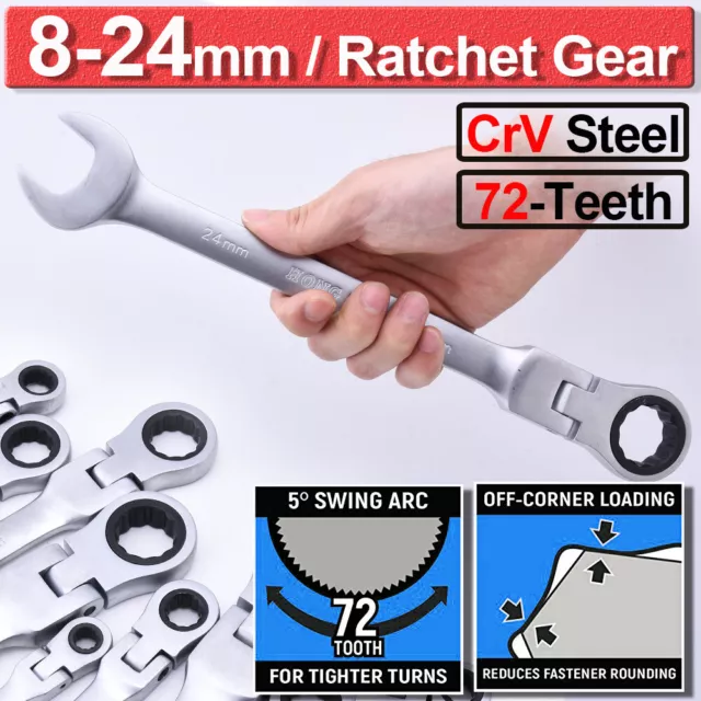 Combination Ratchet Spanner Wrench Flexible Head Ring Open End Metric 8-24mm Set