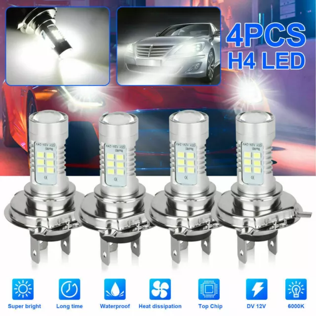 4x H4 9003 HB2 6000K LED Headlight High + Low Beam Bulbs Kit Super Bright White