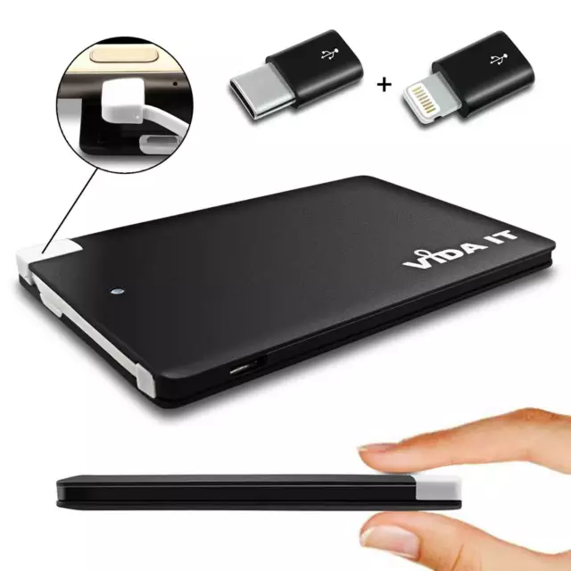 Dünn Slim Powerbank Externer Akku Ladegerät mit Integrierte Kabel USB Für Handy