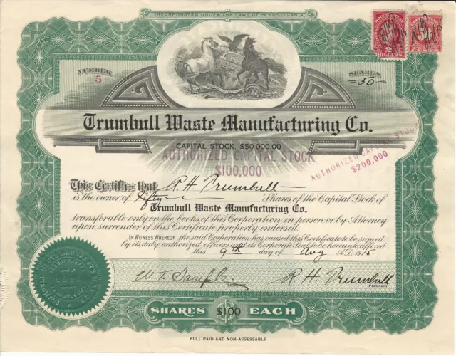 PENNSYLVANIA Trumbull Waste Manufacturing Co Stock Certificate 1915 #5 Manyunk
