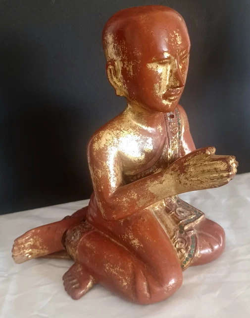 Gilded 19th Century Burmese Carved Wooden Seated Disciple Buddha Monk Thai