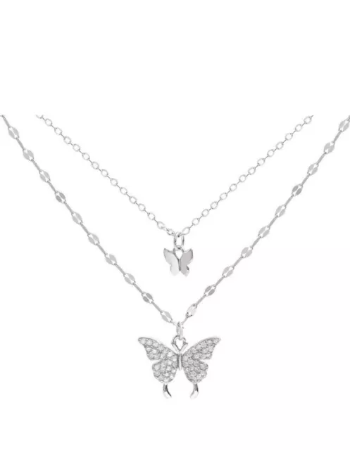 925 Sterling Silver Butterfly Double Layer Clavicle Chain Shiny Necklace Women