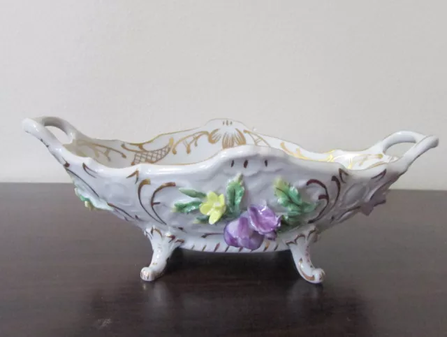 Dresden Porcelain  4-Footed Flowered Rococo Basket Bowl With Handle  - 11 1/2" L