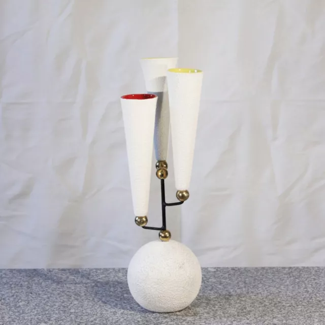 Triple vase bouquetière vintage céramique & fer forgé design Italie 1950s