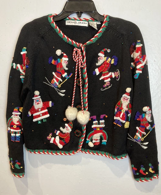 Vintage Michael Simon Sweater Size 2 Cardigan Santa Christmas Embroidered Beaded