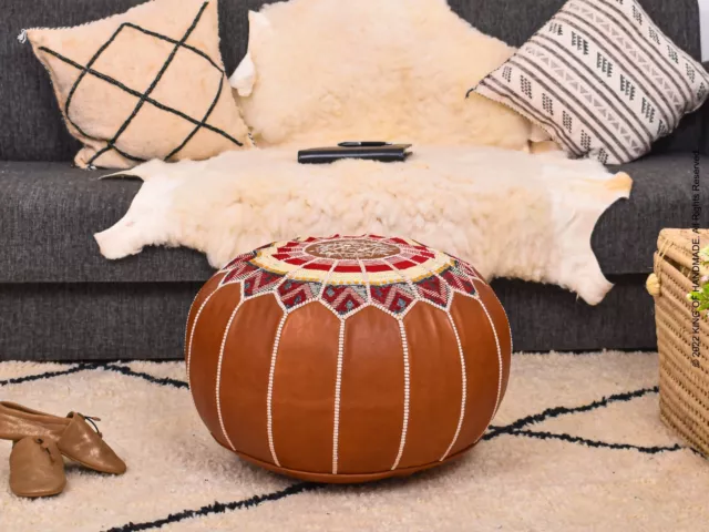 Moroccan Handmade Genuine Leather Boho Pouf Ottoman Footstool Pouffe DARK TAN 3