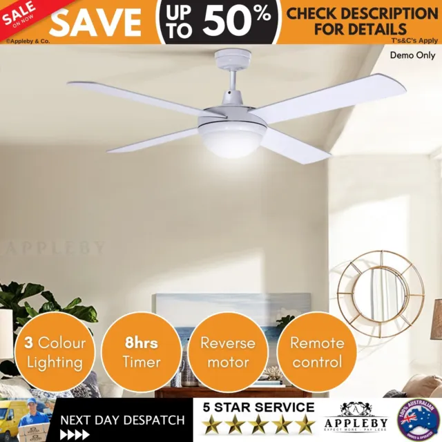 52 inch Ceiling Fan Quiet 4 Blades 1300MM White Reversible with Light And Remote