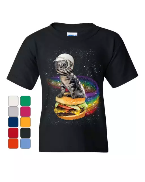 Cat Flying a Rainbow Burger Youth T-Shirt Funny Astronaut Kitten Space Kids Tee