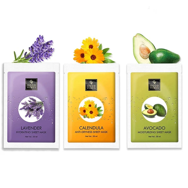 Good Vibes Sheet Masks for Dry Skin Combo Kit Lavender  & Avocado & Calendula