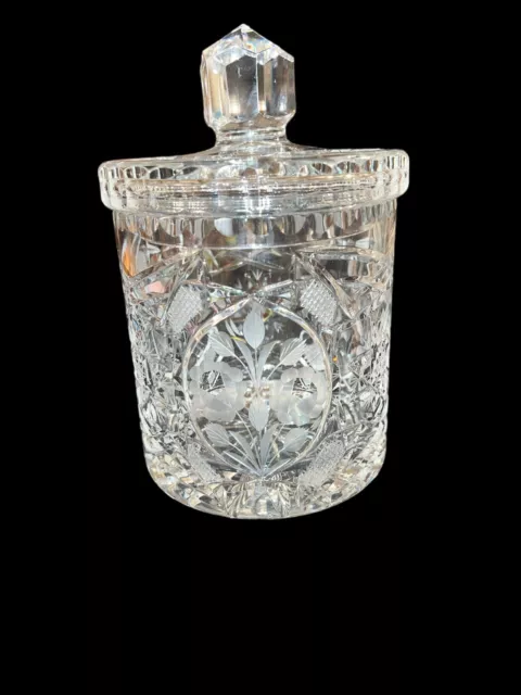 Cut Crystal Etched Floral Cookie Jar  Biscuit Barrel Jar Candy Jar With Lid