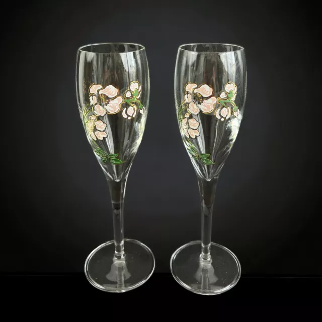 2 Vintage Perrier Jouet Champagne Flutes Hand Painted Art Nouveau Made In France