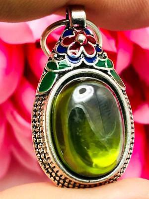 Oval Leklai Natural Cave Stone Naga Eye Rich Flow Money Green Thai Amulet #15681