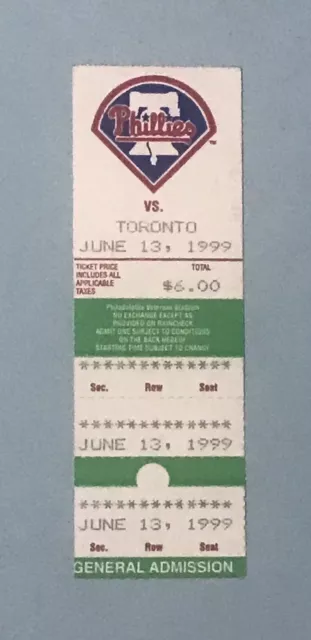 Ticket Stub June 13 1999 Philadelphia Phillies Carlos Delgado Home Run Blue Jays