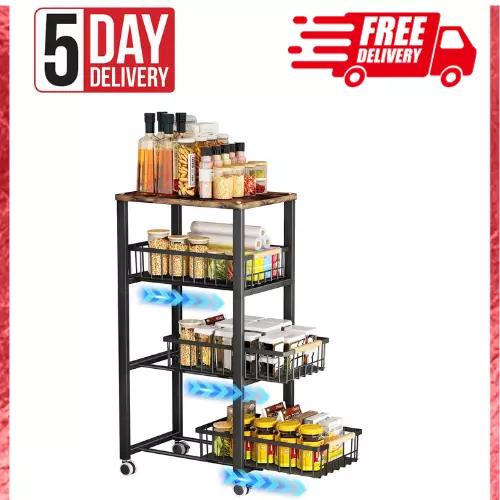 New 4 Tier Kitchen Wood Top Storage Cart on Wheels Baskets for Vegetables, Fruit