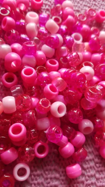 100 plastic pony beads pink colour craft work and jewellery making