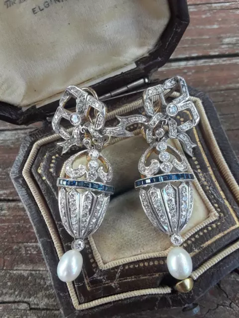 Art Deco Stunning 925 Silver Shiny CZ & Blue Sapphire Pearl Bow Dangle Earrings