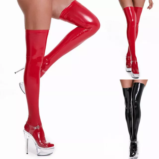 Women Shiny Latex PVC Leather Long Socks Thigh-High Stockings Wet Look Hold ups 3