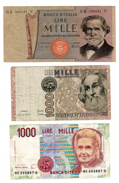 Lot 3 Billets Italie Italy Italia 1000 Lire ( 1970  1980 1990 )  Bon Etat