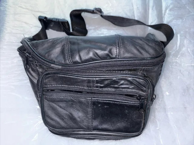 Large Black Solid Leather Waist Fanny Pack Belt Bag Travel Hip Purse Gun Wallet