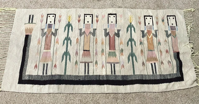 Vintage Navajo Yei Rug 5 Figures Handwoven Tapestry Southwestern - 64x30”