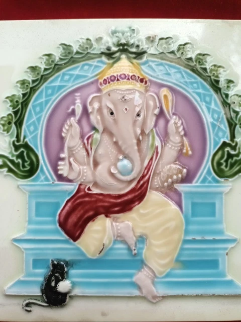1 Piece Old Art God Ganesh Ji Design Embossed Majolica Ceramic Tiles Japan 0335 5