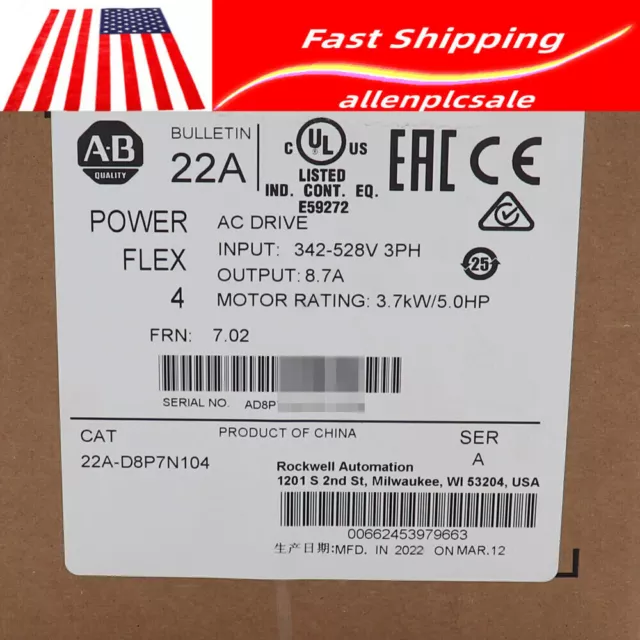 In Stock US New Factory Sealed AB 22A-D8P7N104 PowerFlex 4 3.7 kW 5 Hp AC Drive