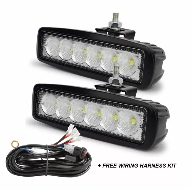 Pair 6" INCH 36W LED Light Bar Flood Work Lights 12V24V Offroad 4WD & Wiring Kit