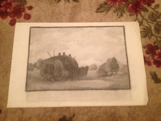 Antique Early 20th Century Coal Landscape Drawing With / Horse Carriage / Car