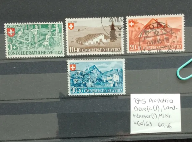 Schweiz gest. 1945, 15.Juni,"Pro Patria":Berufe (I),Landhäuser (I),Mi.Nr.:460/63