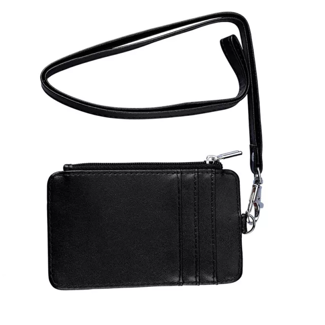 ID Badge Card Holder Pu Leather 5 Slots With Neck Strap Lanyard Necklace Black 11