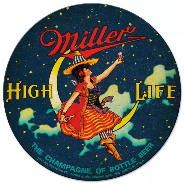 Miller High Life Beer Witch 14" Round Heavy Duty Usa Made Metal Advertising Sign