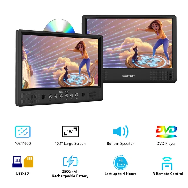 Active Black Portable 2x 10.1" Car Headrest DVD Player for Kids Built in Speaker