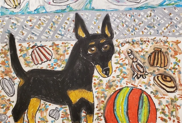 TOY MANCHESTER TERRIER Beach Party ORIGINAL Painting 9x12 Signed Artist KSams