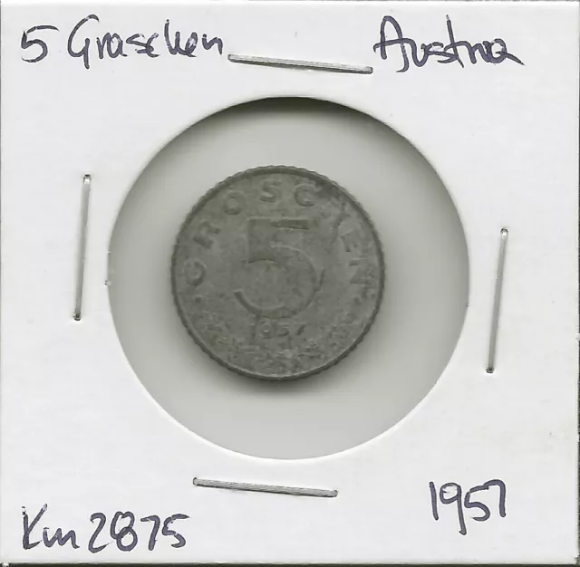 World Coins - Austria 5 Groschen 1957 ZINC Coin KM# 2875 3
