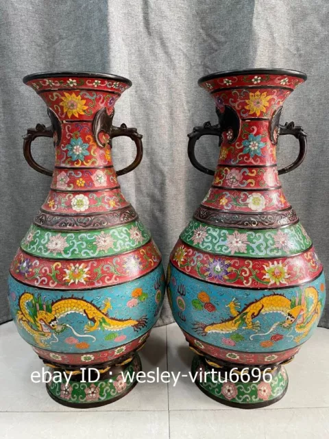 China Royal Palace Old Copper Cloisonne Enamel Handmade Dragon Pot Vase Pair