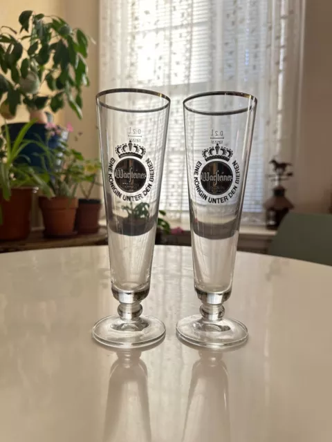 NEW! Warsteiner German Beer Glass Gold Rim .2L Set of 2 Tall Slim Pilsner Flutes