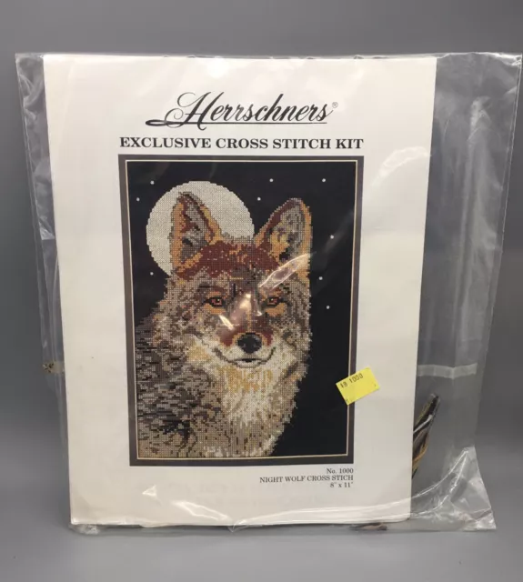 VTG Herrschner’s Exclusive Cross Stitch Kit No. 1000 Night Wolf 8”x11”