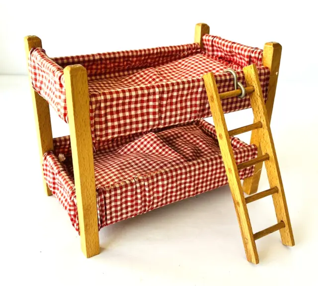 German Doll Bunk Beds & Ladder Wood Red Checkered Bedding for 6" Dolls Vintage