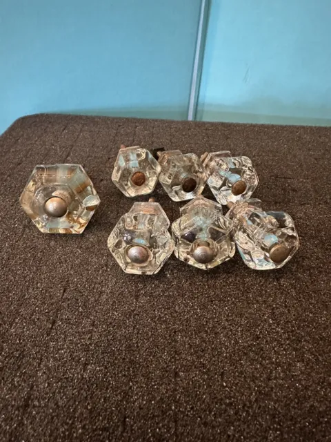 Vintage Lot Of 7 Clear Glass Hexagon Shape Drawer Pulls Knobs w/hardware