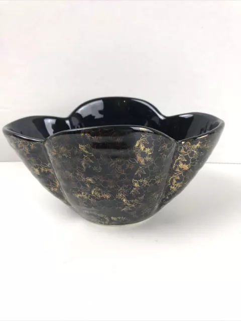 Scallop Edge Black Bowl Pioneer Pottery CO USA Warranted 22 KT Gold Floral