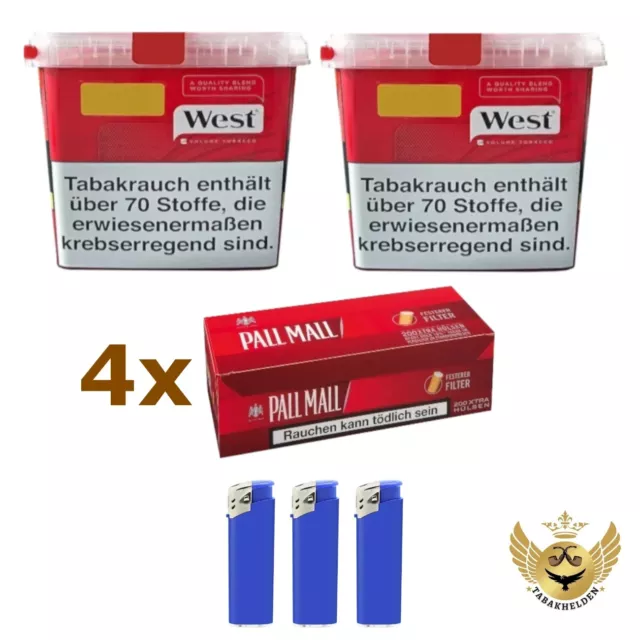 2x West Red Tabak Box 190g + 4x Pall Mall Rot Xtra Hülsen 200 Stück