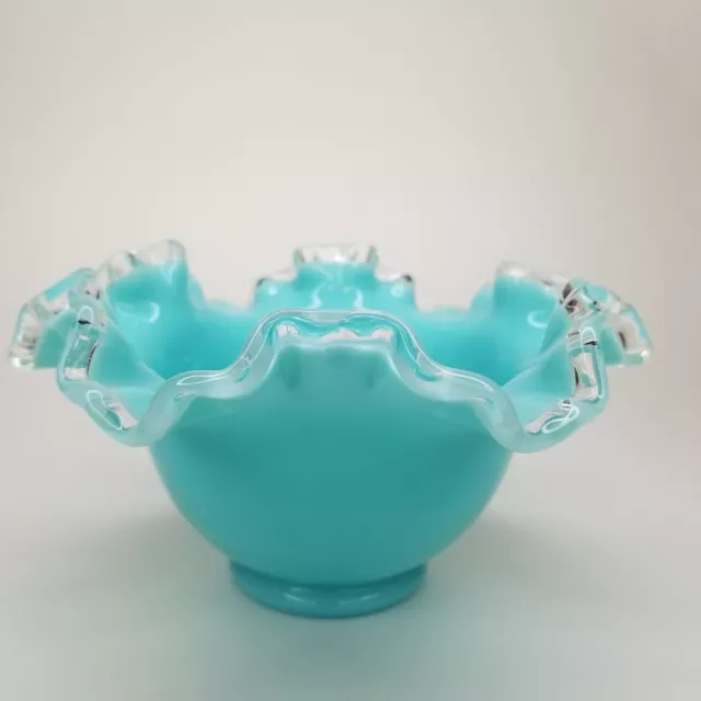 Vintage Fenton Turquoise Tiffany Blue Bowl Ruffled Edge Cut To Clear