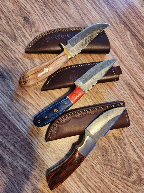 Hand Crafted Skinner Knife Damascus Ash Wood Brass Guard Lot of 3 Hiking