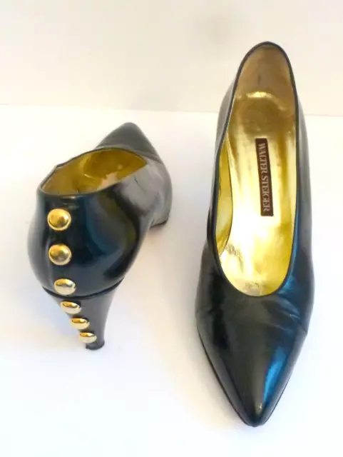 Walter Steiger Vintage Black Leather Pumps Heels Studs Size 8.5 B Retail $695